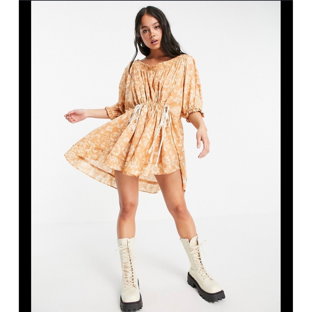 Free People Intimately Floral Mini Dress Orange Boho Off Shoulder XS OB1257897
